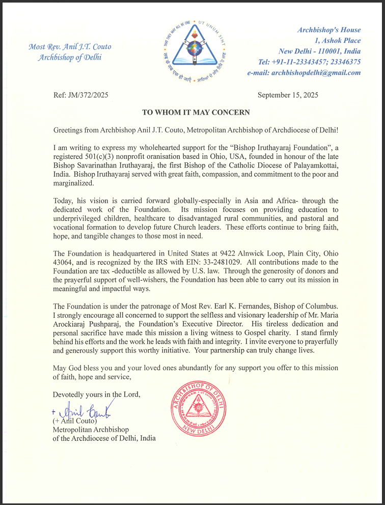 Bishop Iruthayaraj Foundation endorsement letter Archbishop Delhi