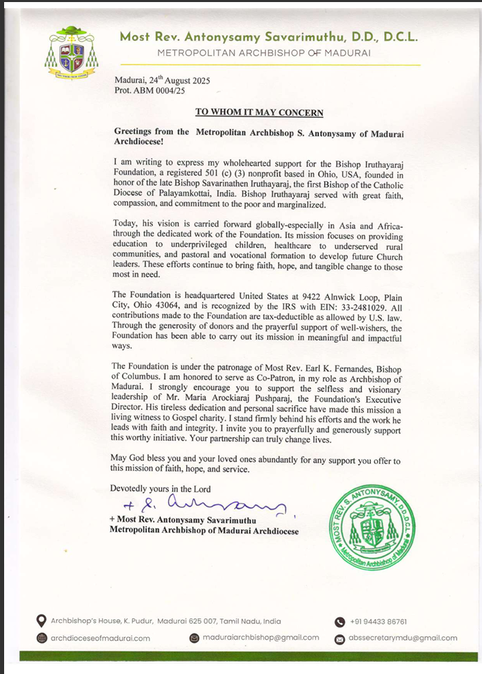 Bishop Iruthayaraj Foundation endorsement letter Archbishop Madurai