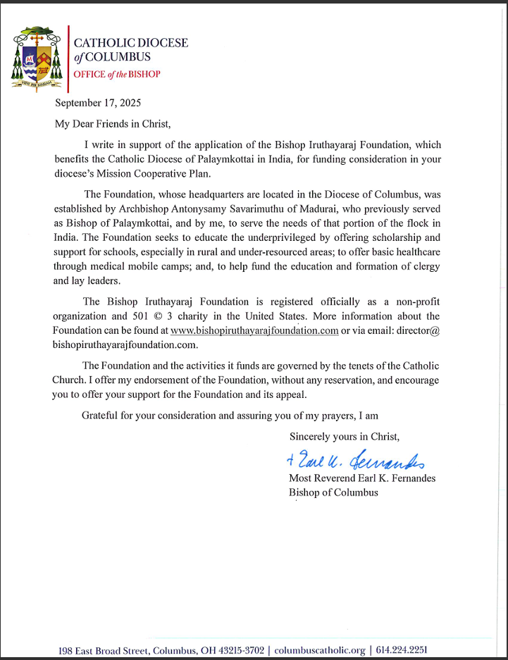 Bishop Iruthayaraj Foundation endorsement letter Bishop Columbus